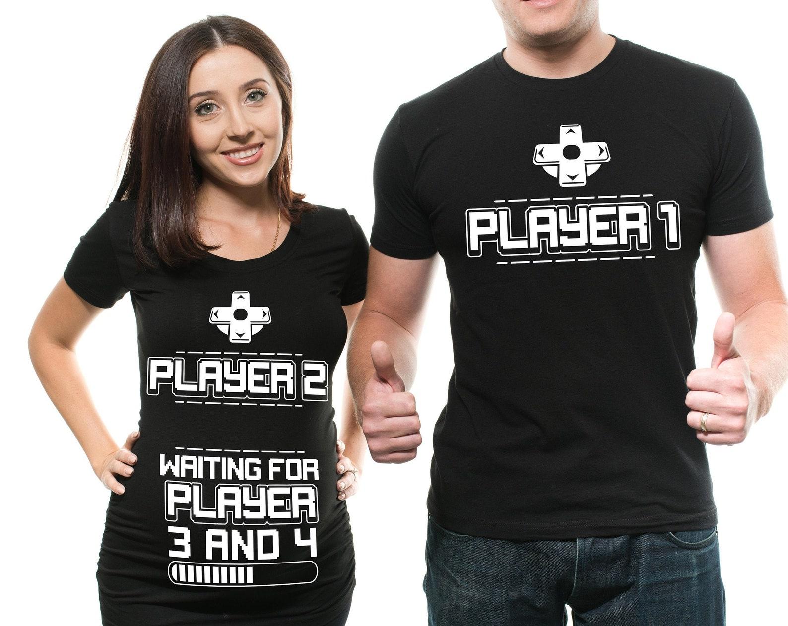 Gamer Parents Maternity Shirts for Twins: Player 1, Player 2 Matching Tees XL