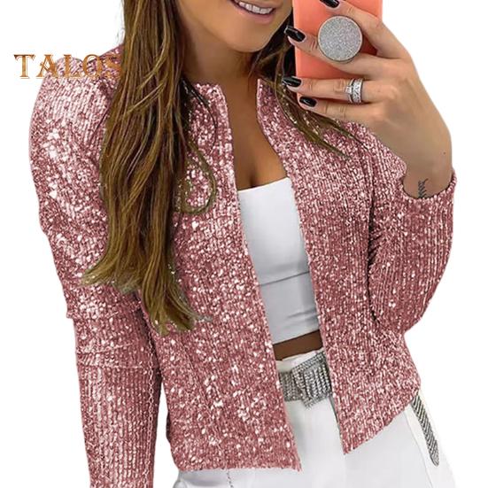 

Весенне-осеннее женское пальто с пайетками и длинными рукавами, кардиган с открытой вышивкой, Клубная вечеринка, короткая куртка для выступлений 3XL розовый