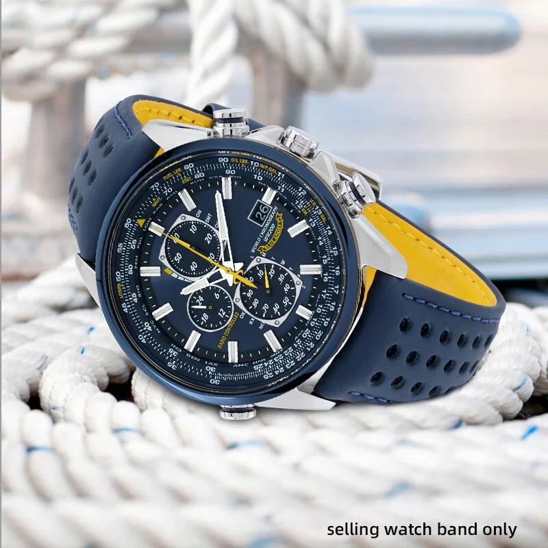 22mm 23mm Cowhide Watch Strap For CITIZEN Blue Angel Radio Wave Watch Band AT8020-54L/8020-03L/JY8078 Curved End Yellow Bracelet