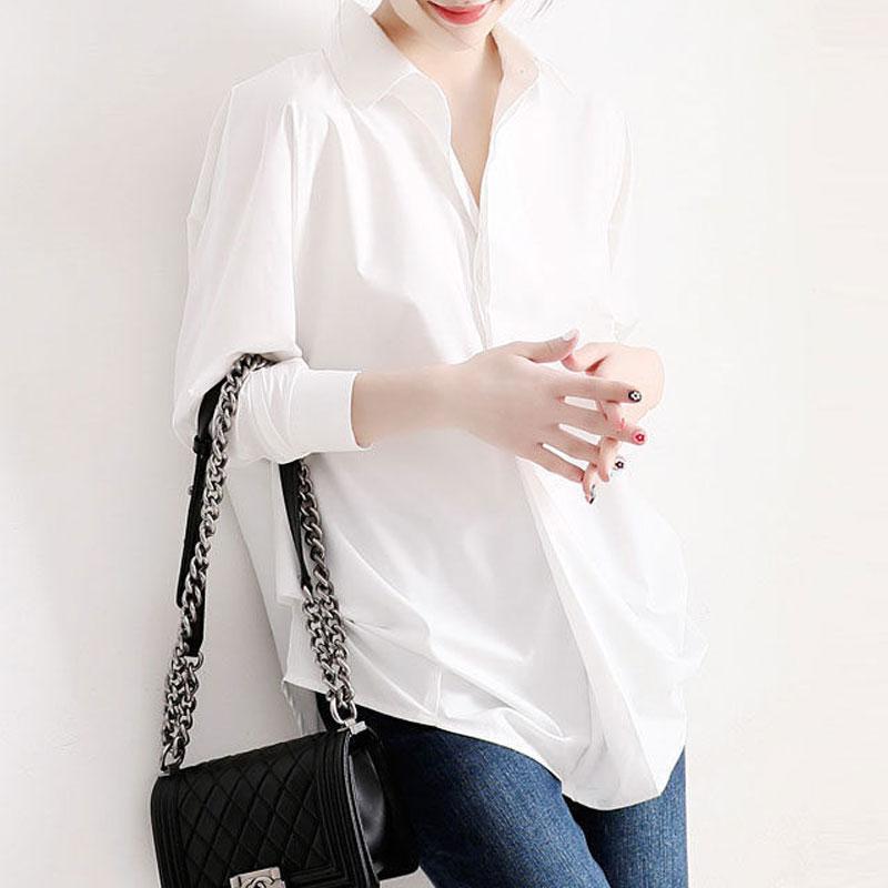 Spring Summer Loose Commute Solid Color Shirt Women's Clothing Fashion Single-breasted Korean Polo-Neck Long Sleeve Midi Blouse