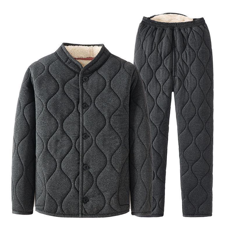 Elderly Men's Fleece-Lined Cotton Jacket & Pant Set - Warm Camel Hair Finish