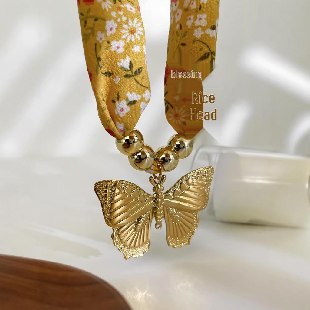 Retro Stainless Steel Butterfly Pendant Necklace with Fabric Strap - Versatile Light Luxury Jewelry for Women