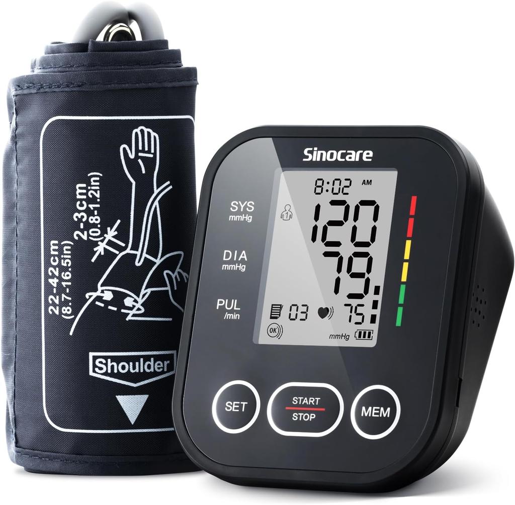 Sinocare Automatic Upper Arm Blood Pressure Machine BP Machine 22-42CM Cuffs with Pulse Rate Monitoring