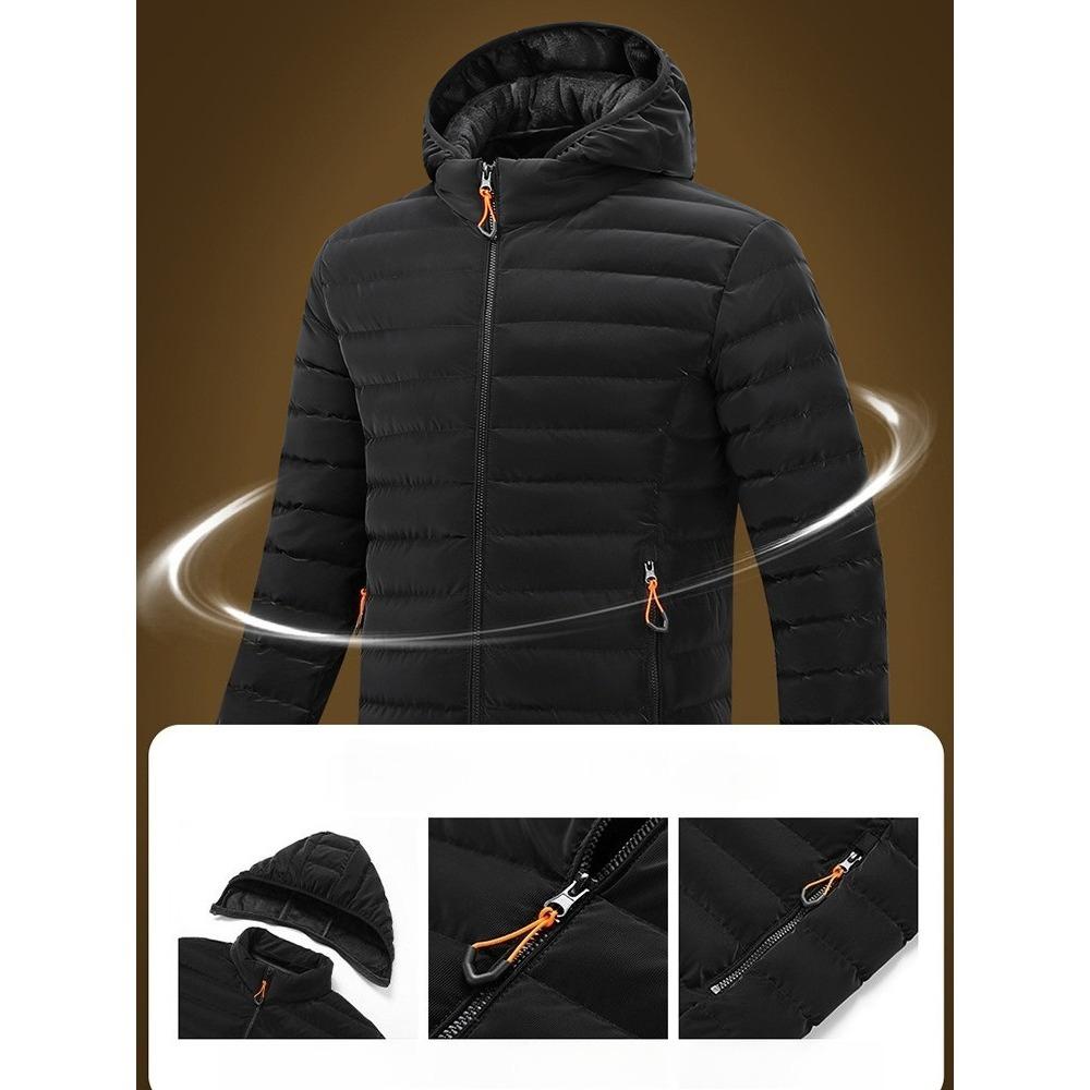 Lightweight Ribs and Cotton Jacket for Men's Winter Simple Solid Color Removable Hat Thickened Hooded Jacket