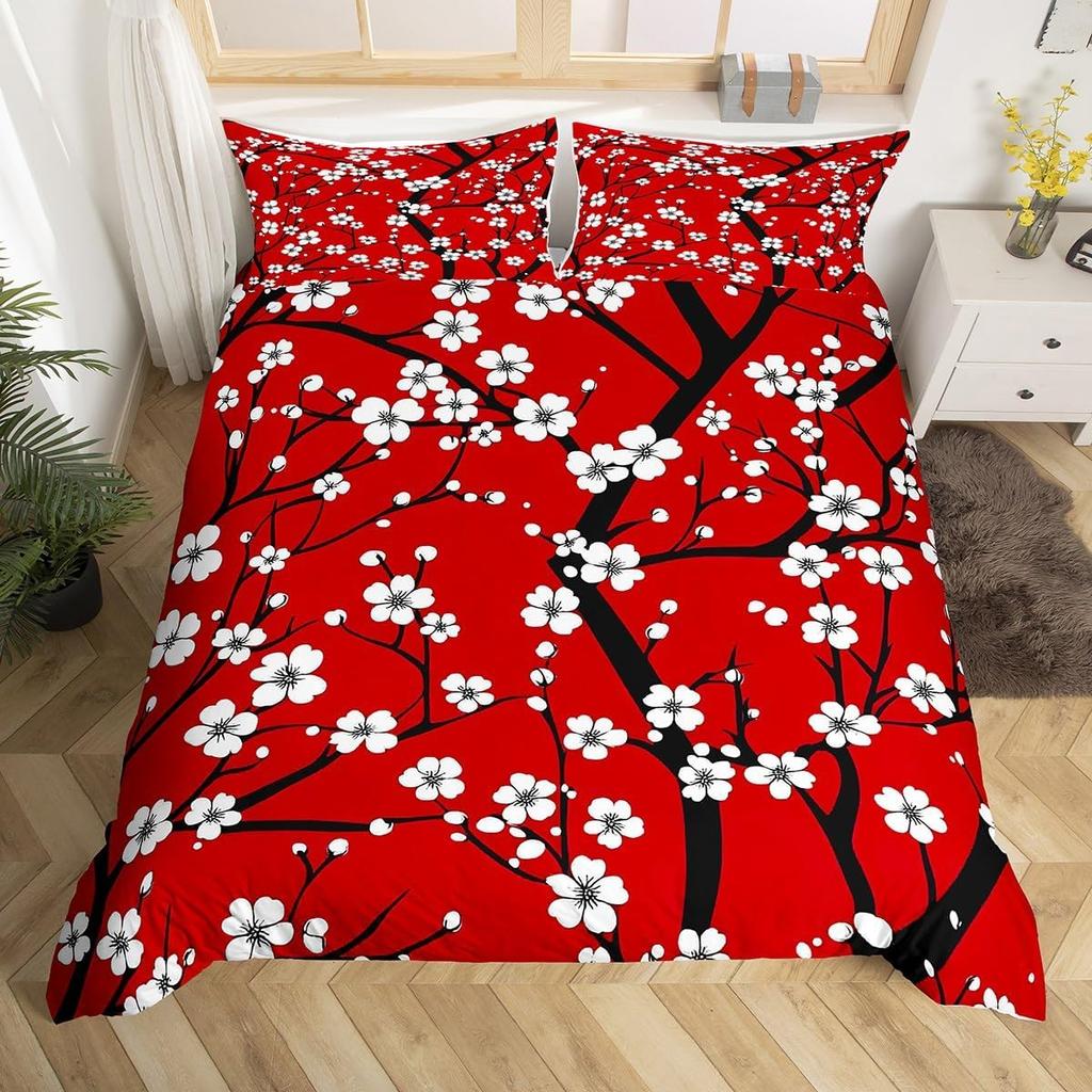 Plum Blosom Floral Soft Duvet Cover Quen King-Sized Dimensionsd Dimensions Ancient Style Red Maple Leaf Natural Scenery Beding Set Rom Decoration 3