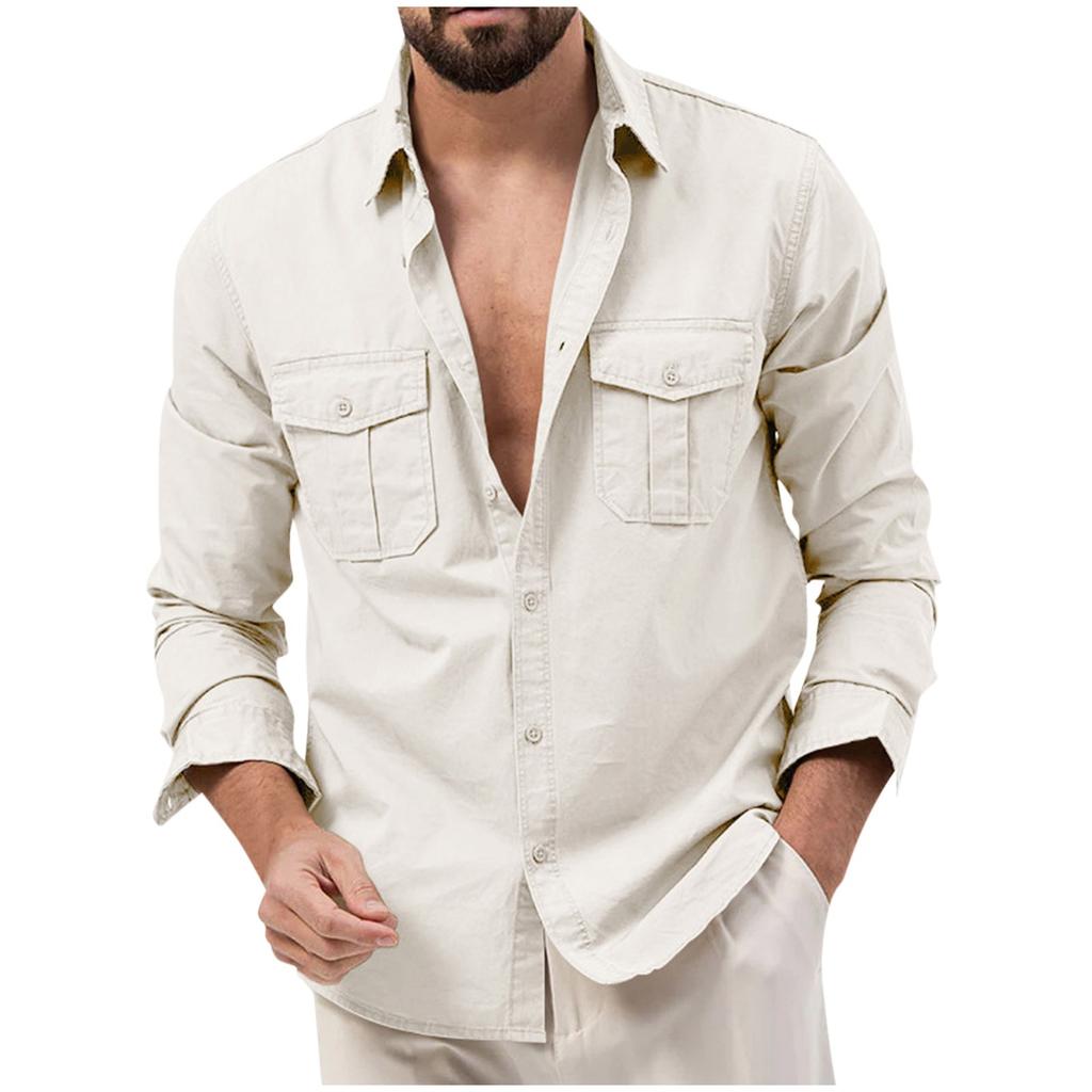 Men'S Shirt With Double Pockets, Casual Long Sleeved Top, Fashionable Cardigan