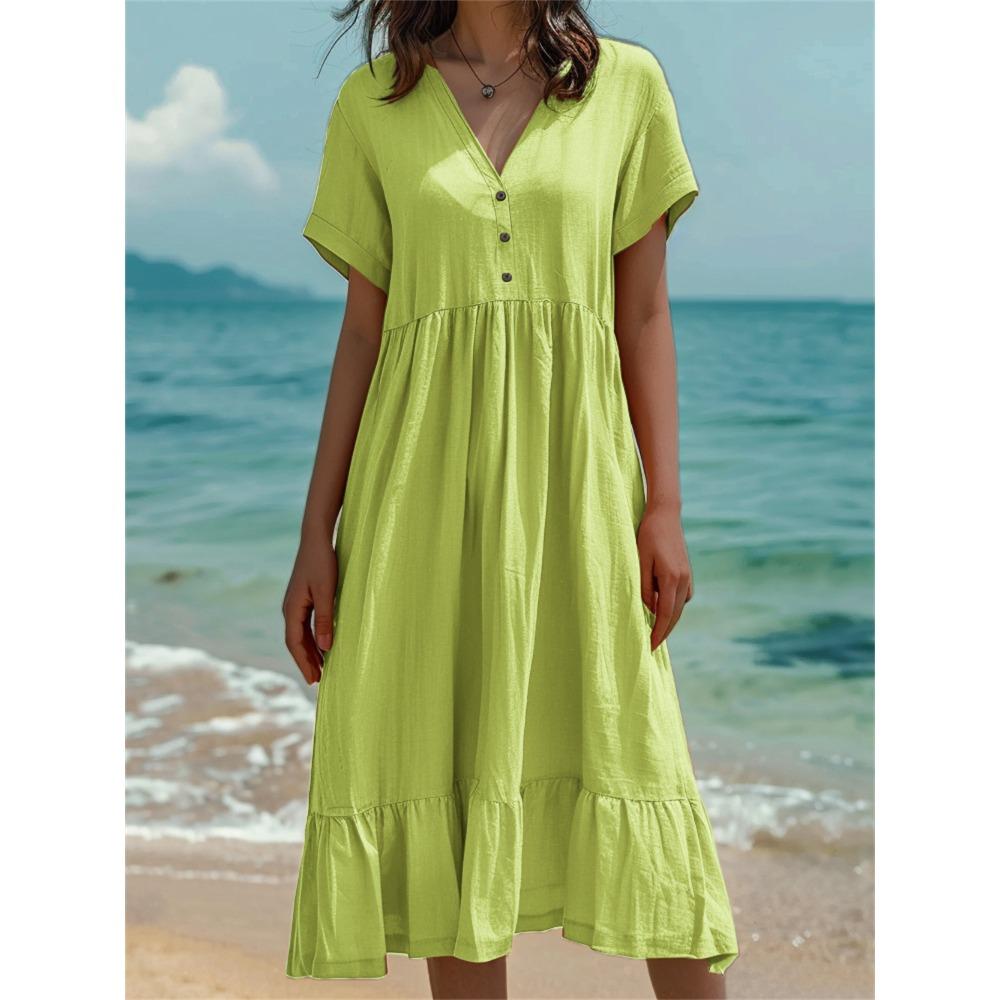Women s V Neck Button Down Casual Midi Dress Loose Short Sleeve Summer Beach Dress S