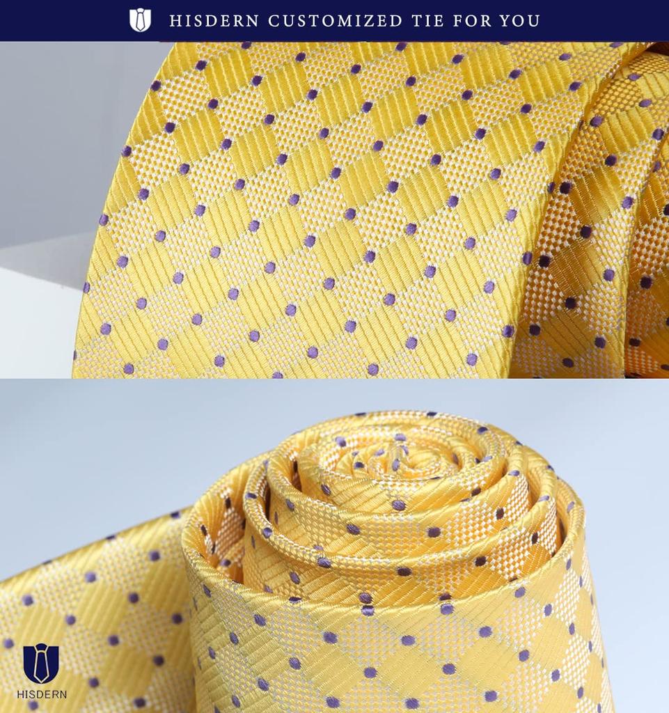 [HISDERN] Men's Business Tie, Silk, Washable, Yellow, Polka Dot Pattern, Stylish, for Weddings, Job Hunting, Entrance Ceremonies, Graduation