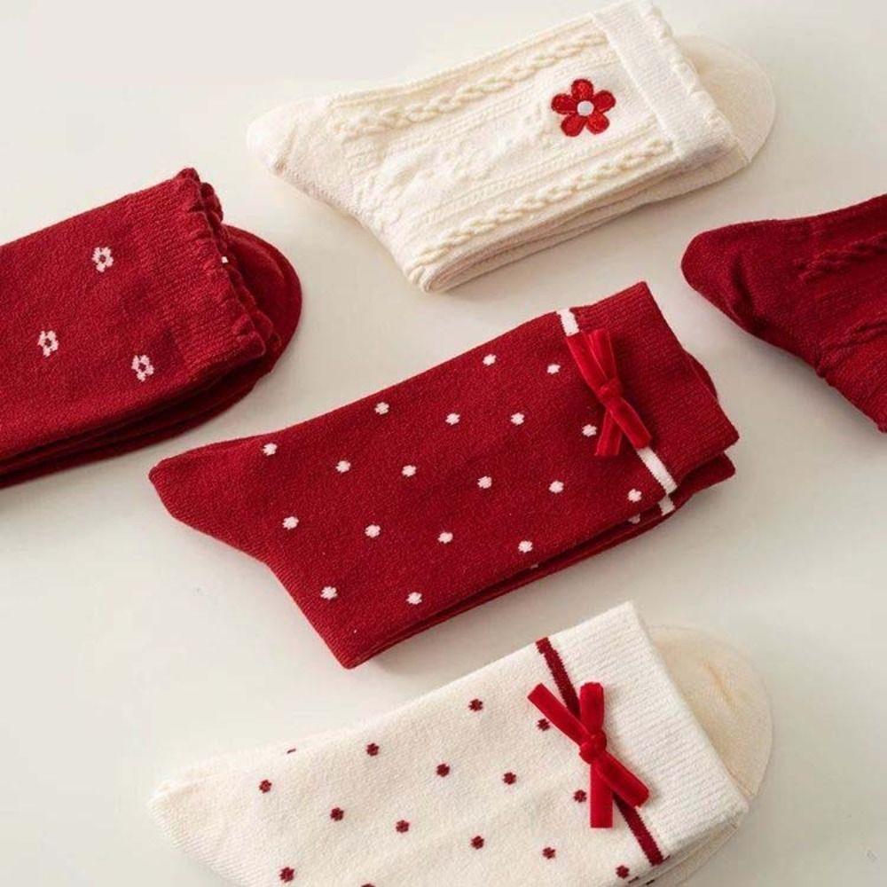 Dots New Year Women's Socks Ruffle Sweet Girls Sock Breathable Autumn Winter Red Socks Festivals