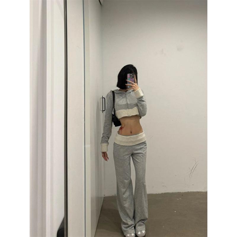 Korean Casual Lazy Sweet Spicy Pure Color Knitted Coat Autumn New Niche Design Sense of High-waisted Long Pants Two-piece Female Tide