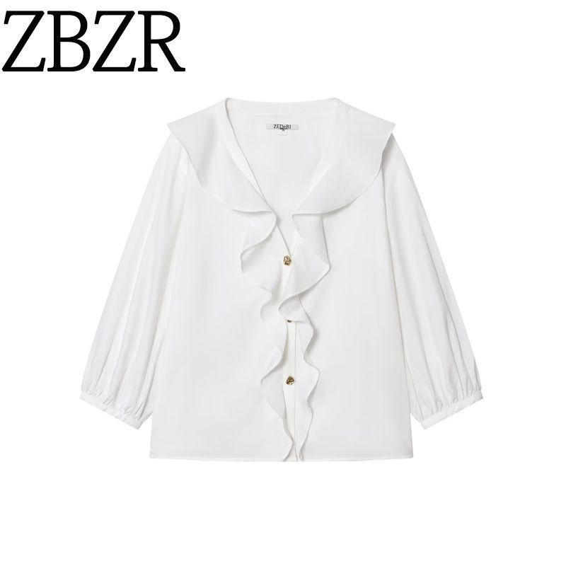 Zbzr Spring New Women Clothes Western Style Fashion V-neck Long Sleeve Laminated Decorative Poplin Shirts 2298154