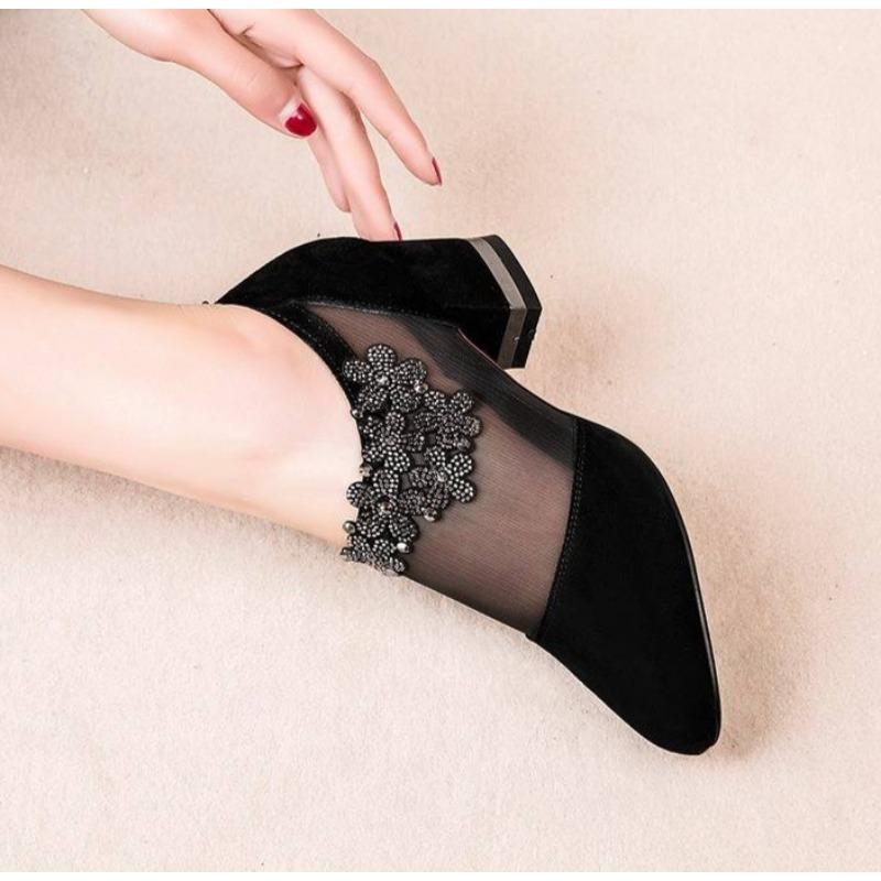 Damen 2025 Sommer Schwarze Spitze Strass Sandalen Blumen Niedriger Absatz Sandalen Mesh Übergröße Sandalias Mujer Freizeitschuhe