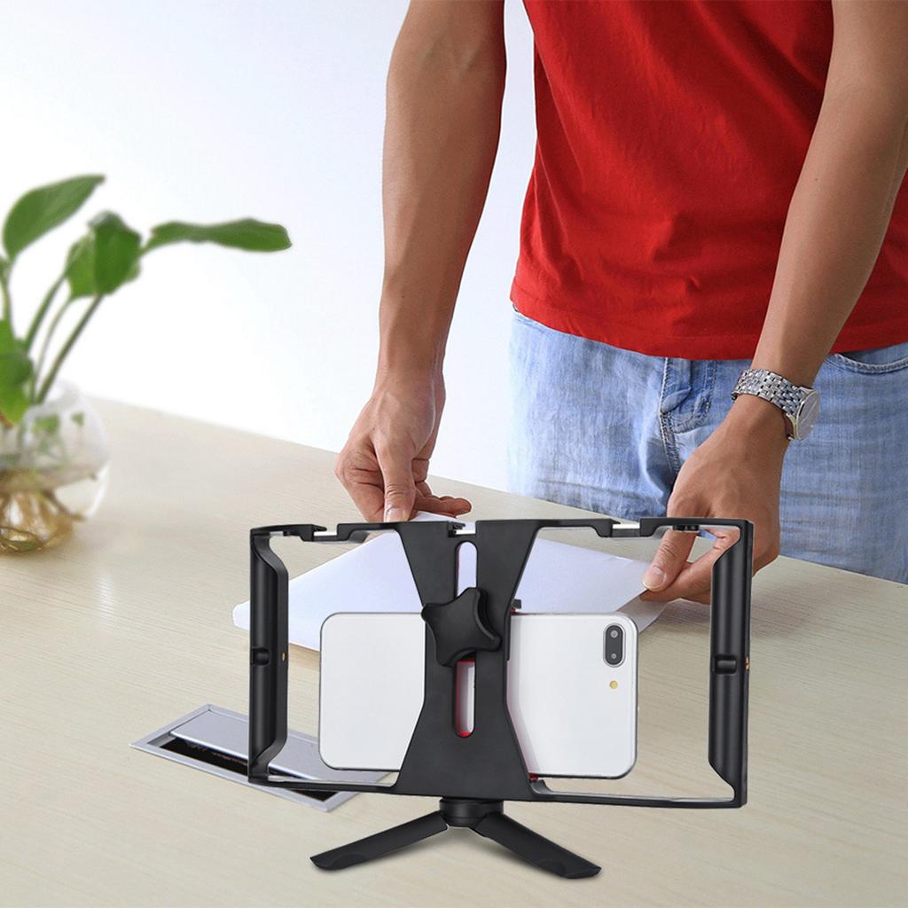 Dual Hanlde Handheld Phone Adjustable Stabilizer Support Recording Rig with Tripod