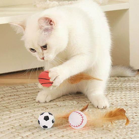 1 Pc/3 Pcs Interactive Feather Ball Toy Mini Bouncy Basketball Soccer Baseball with Feather Pet Training Catcher Toy for Indoor Cats