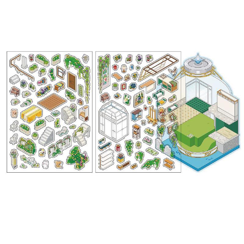 3Sheets/Bag Sticker Pack Kawaii Open Today PET 2.5D Scenery Stickers For Scrapbook Journal Planner DIY Stationery Decoration