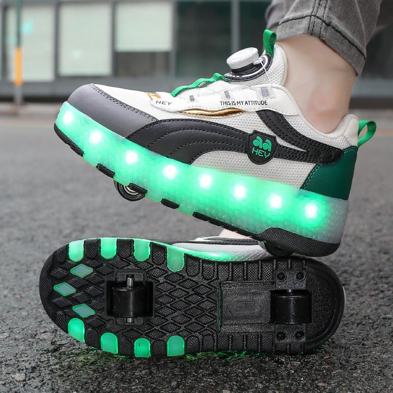 New wheel shoes double wheel charging rotating buckle colorful lights runaway shoes direct sales support
