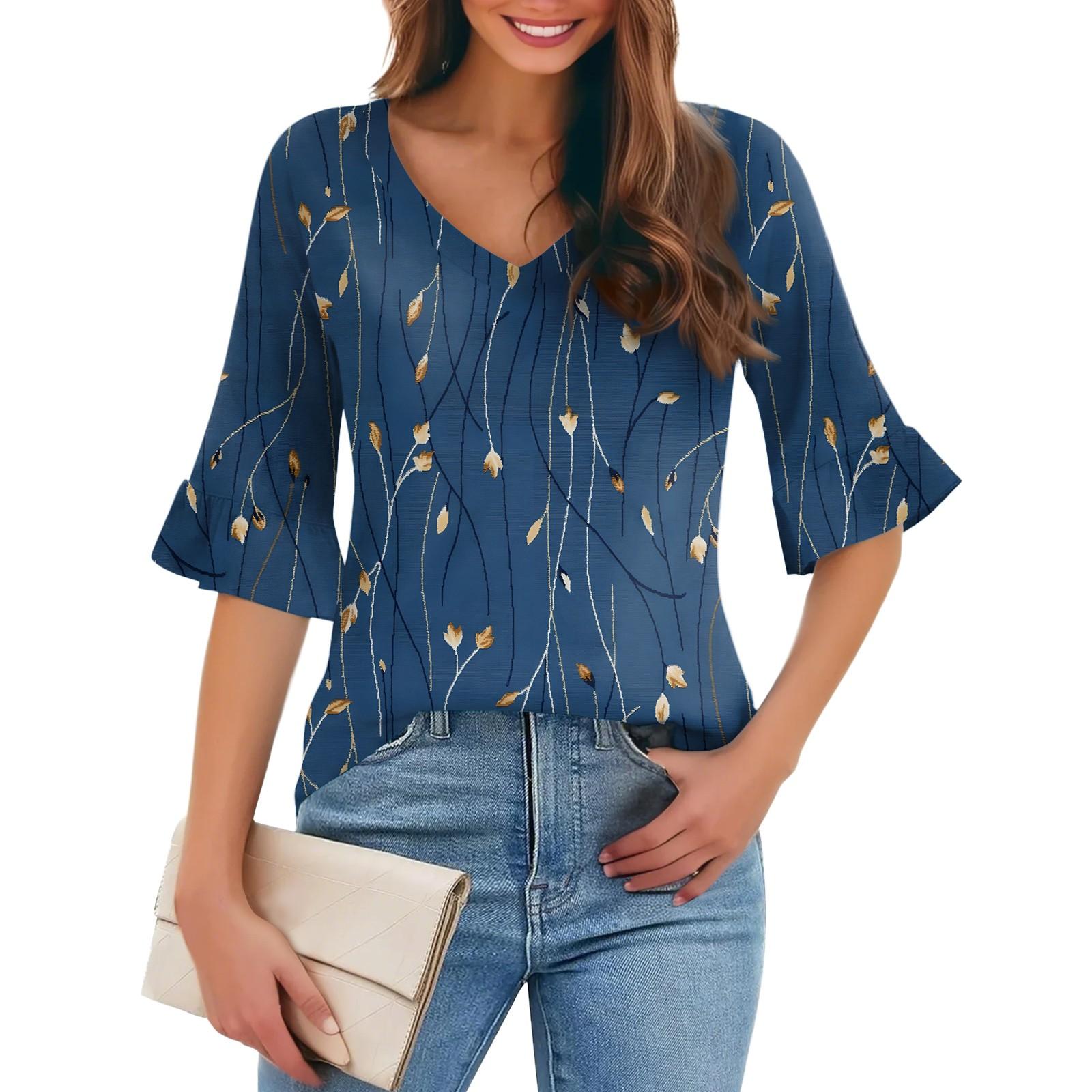 

Жіночий повсякденний модний пуловер з V-подібним вирізом Вільна футболка з квітковими рукавами з п’ятиточковим вирізом L зелений