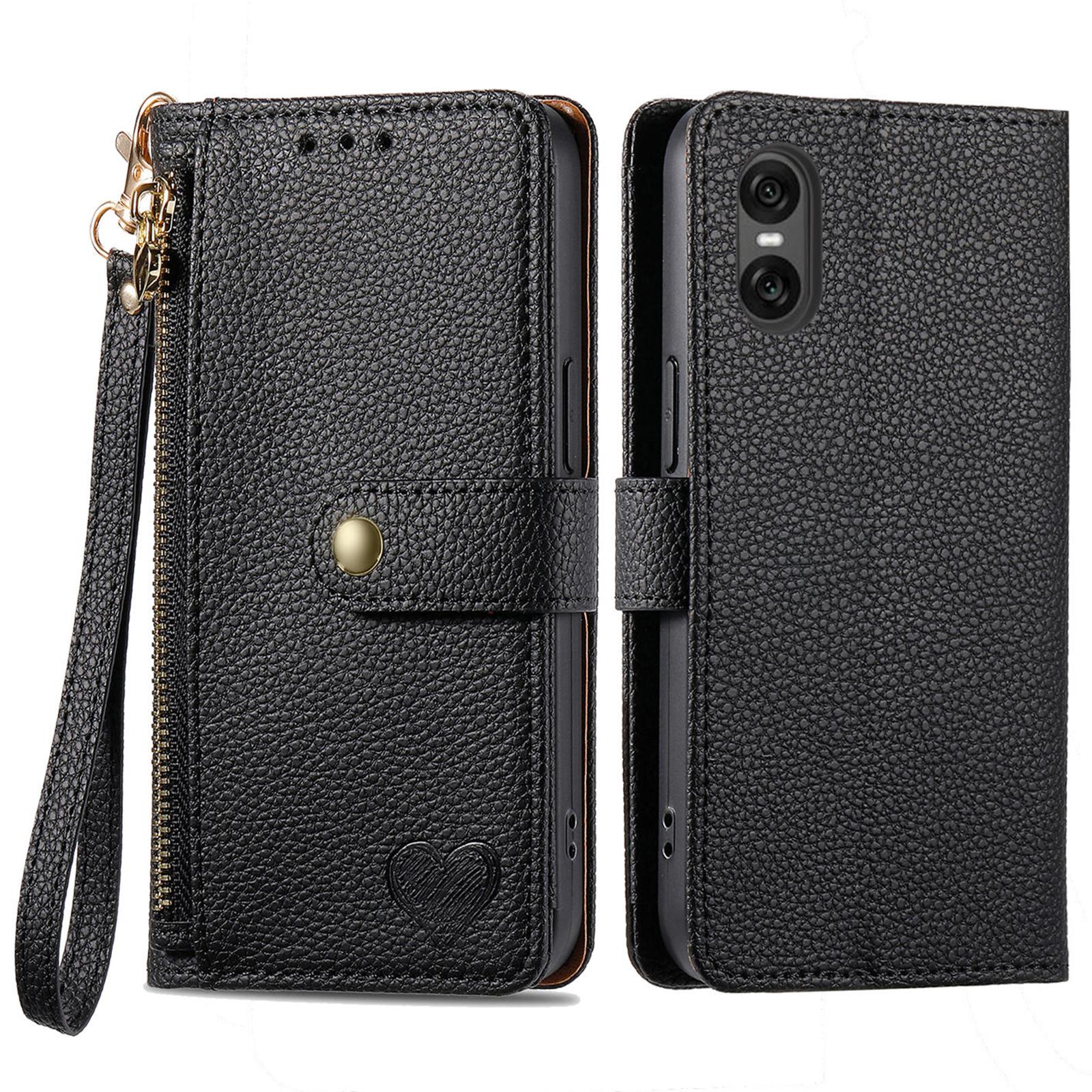 

Чехол для Sony Xperia 10 VI из ПУ кожи, с блокировкой RFID, на молнии, чехол для телефона с узором в виде сердец Black