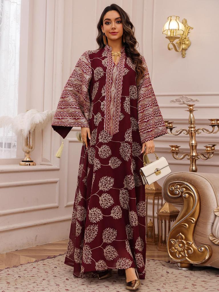 AB423 Plus Size Women's Embroidered Sequin Robe Dress - Middle Eastern, European, American Style