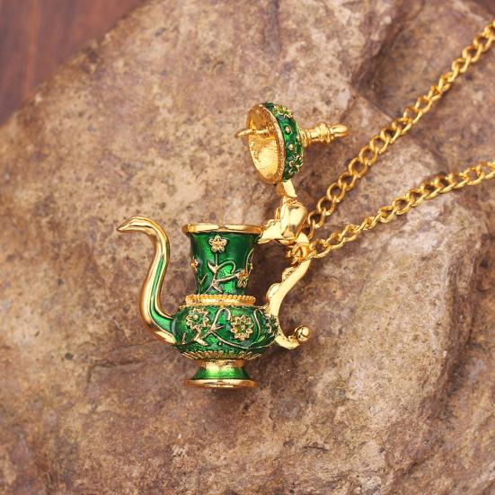 Vintage Enamel Green Teapot Pendant Long Chain Women Sweater Necklace Jewelry