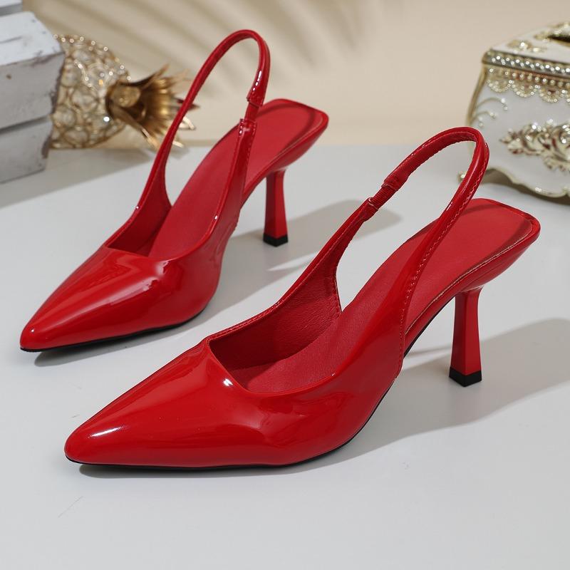 Zapatos de tacón alto inclinados patentados para mujer - tacones de aguja finos y puntiagudos con correas de hombro ajustables