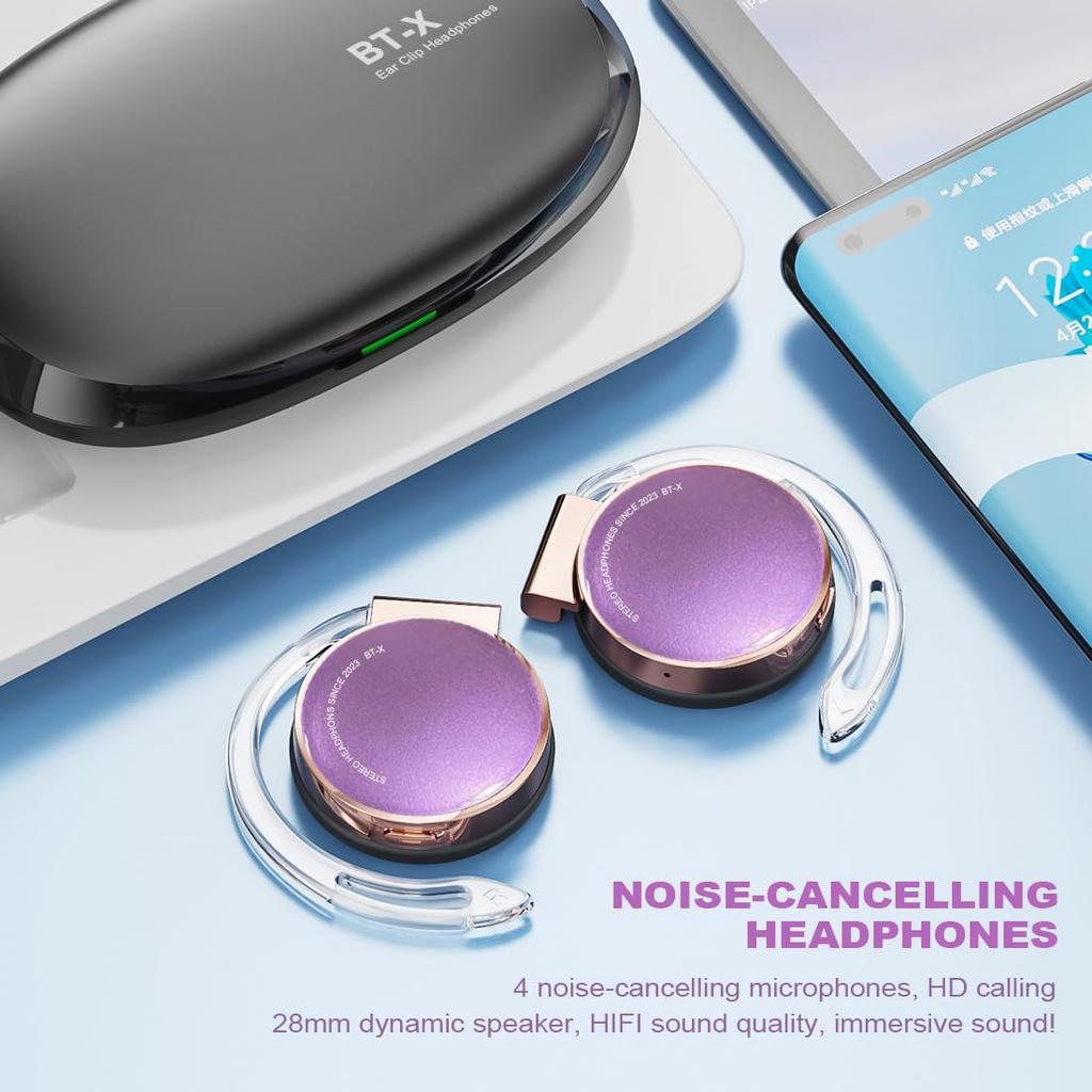Bluetooth Wireless Earbuds with Lightweight New Wearing Method Gold 5.3 Clip, Open-Back Earphones, Headset, (Rose Purple)