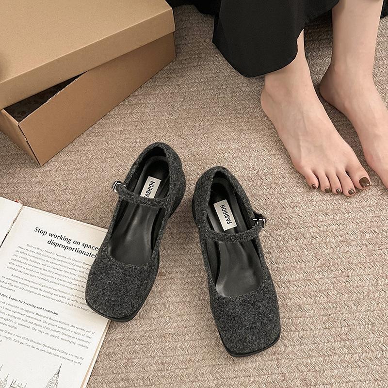 Coarse Heel Single Shoes Women's Winter 2025 Square Head Spring and Autumn Woolen Mary Jane Mao Mao Shoes Grandma Shoes High Heel French