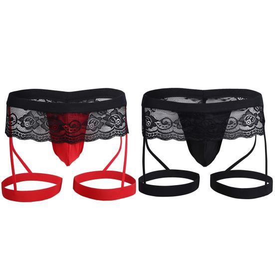 Men Club Garter Boxers U Convex Breathable Bouncy Solid Color Lace Clubwear See-through Flower Embroidery Nightclub Boxers Inner Wear Clothes