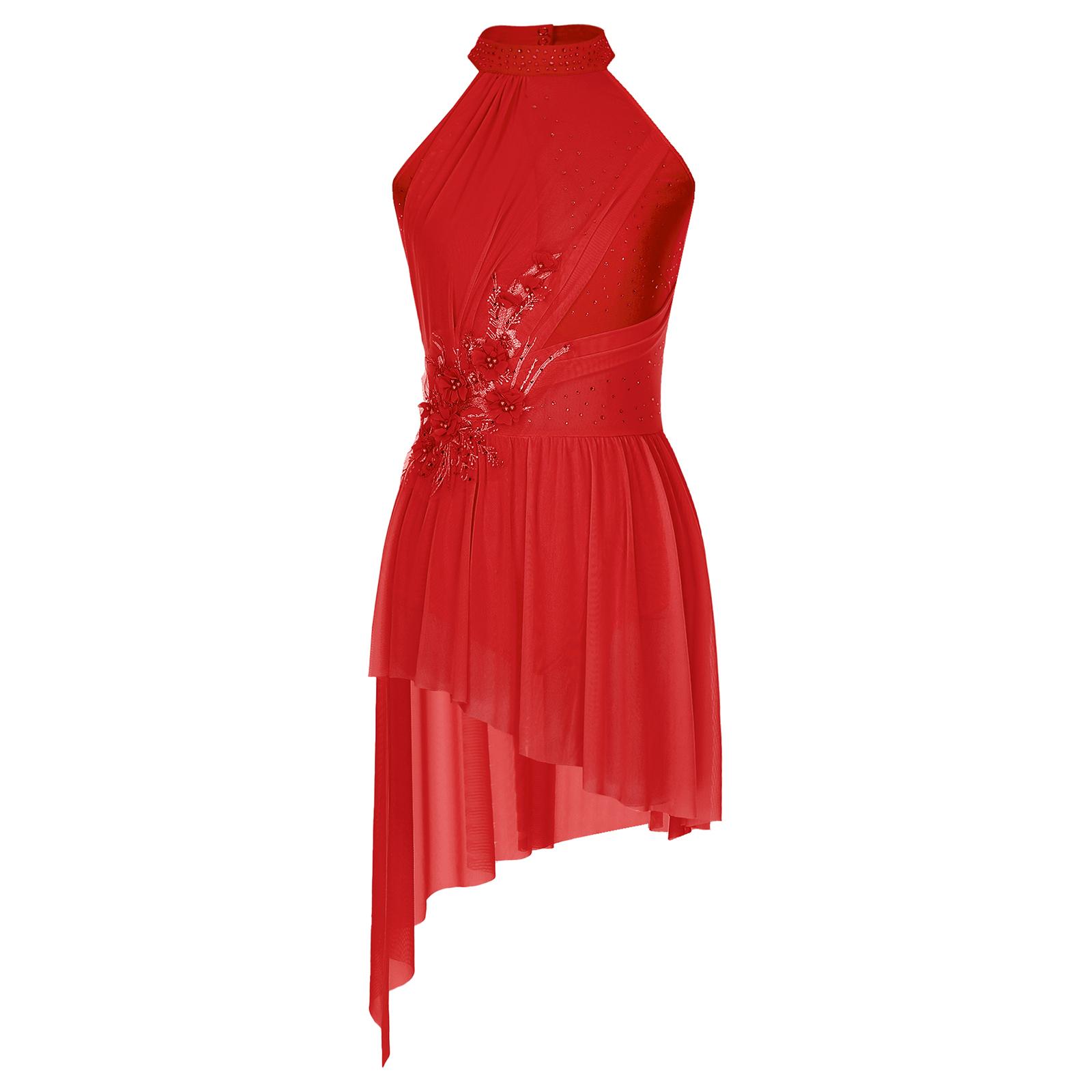 

Women Performance Leotard Dress Halter Strappy Back Asymmetrical Hem Shiny Rhinestones Stage Competition Costume S червоний