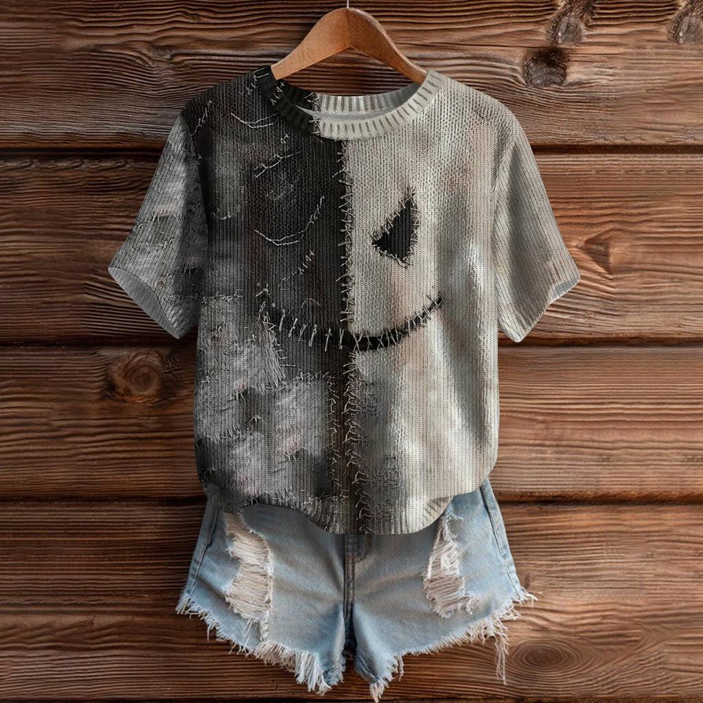 Women's Cute Sweater Knitted Fashion Casual Round-neck Short-sleeved  Cozy Print Top