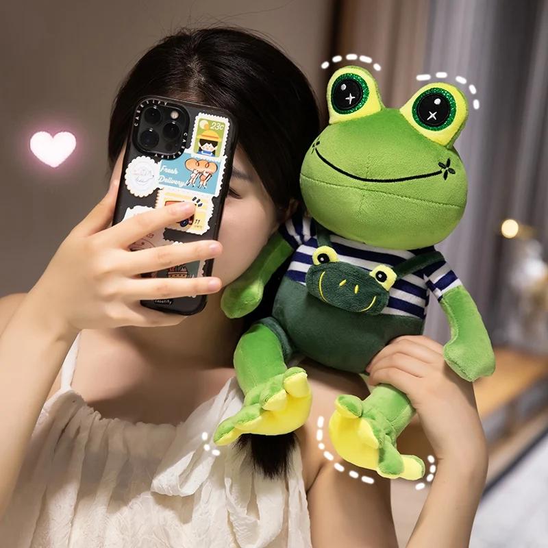 Charming Giant Eye Frog Cuddly Doll Silky Toon Frog Plush Critter Adorned With Striped Overalls Suitable For Room Display Seat Adornment Keepsake
