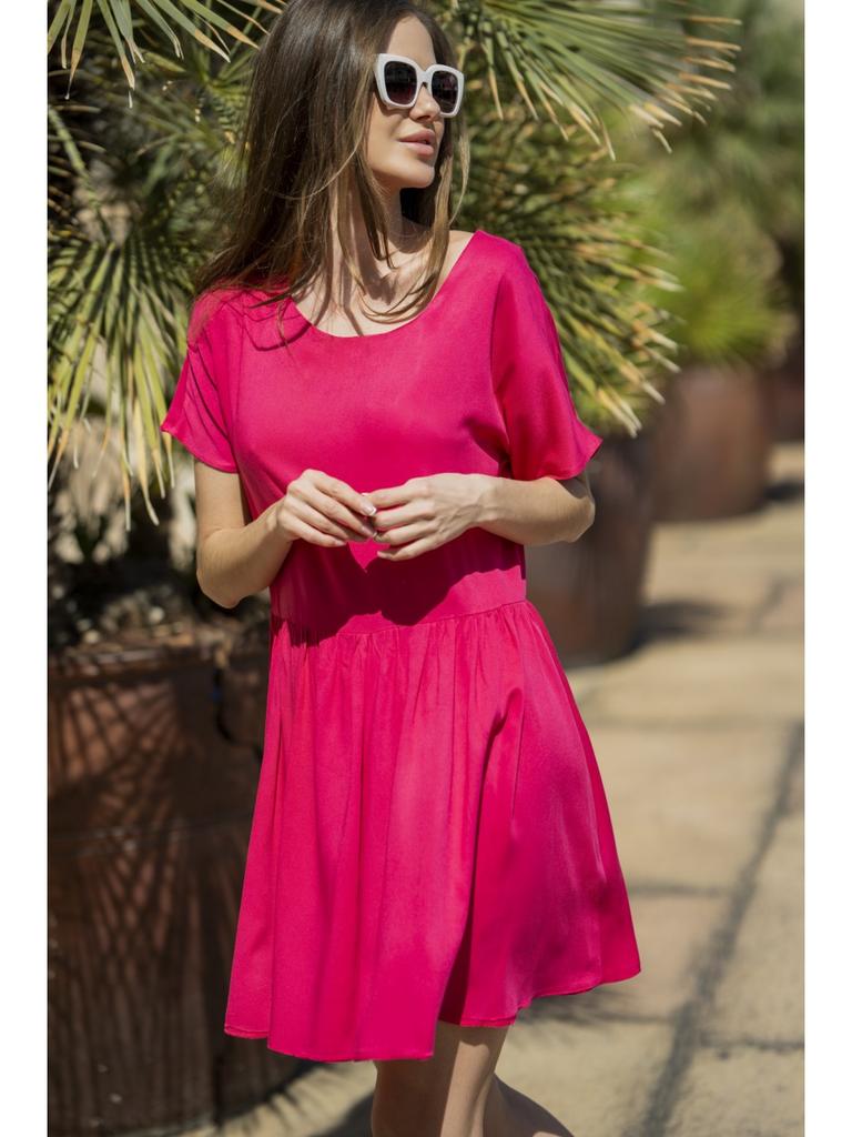 Loose viscose mini dress with short sleeves, fuchsia S