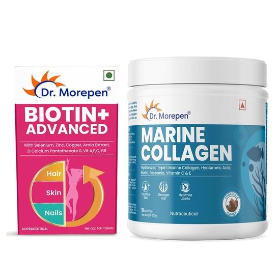 DR. MOREPEN Biotin+ for Hair Growth, Glowing Skin & Healthy Nails & Marine Collagen Skin Protein Powder With Hyaluronic Acid, Vitamin C