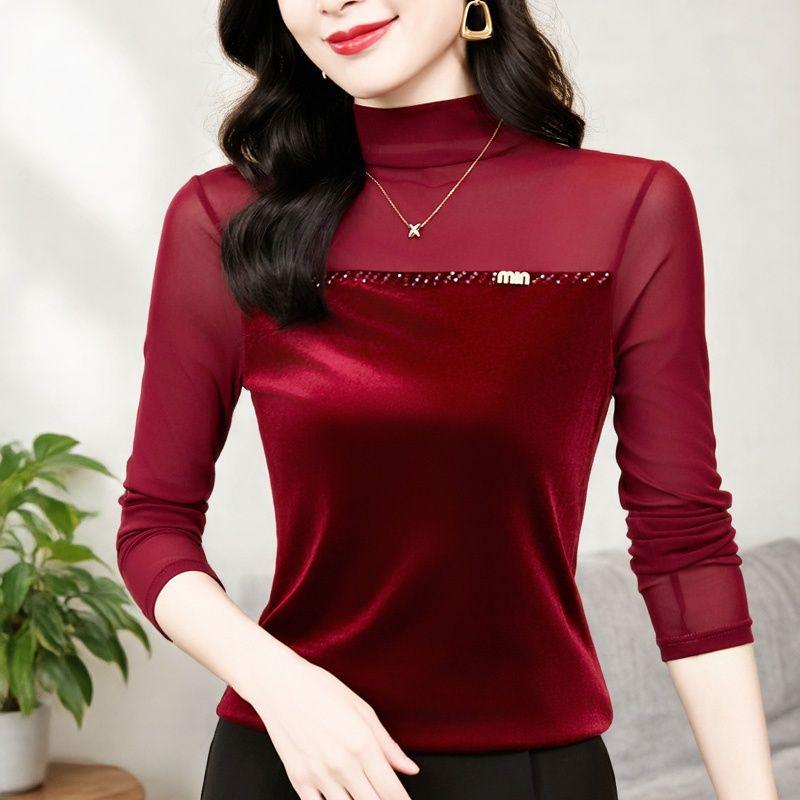 Women's Spring 2026 Light Luxury Beaded Velvet Patchwork Mesh Long Sleeve Top