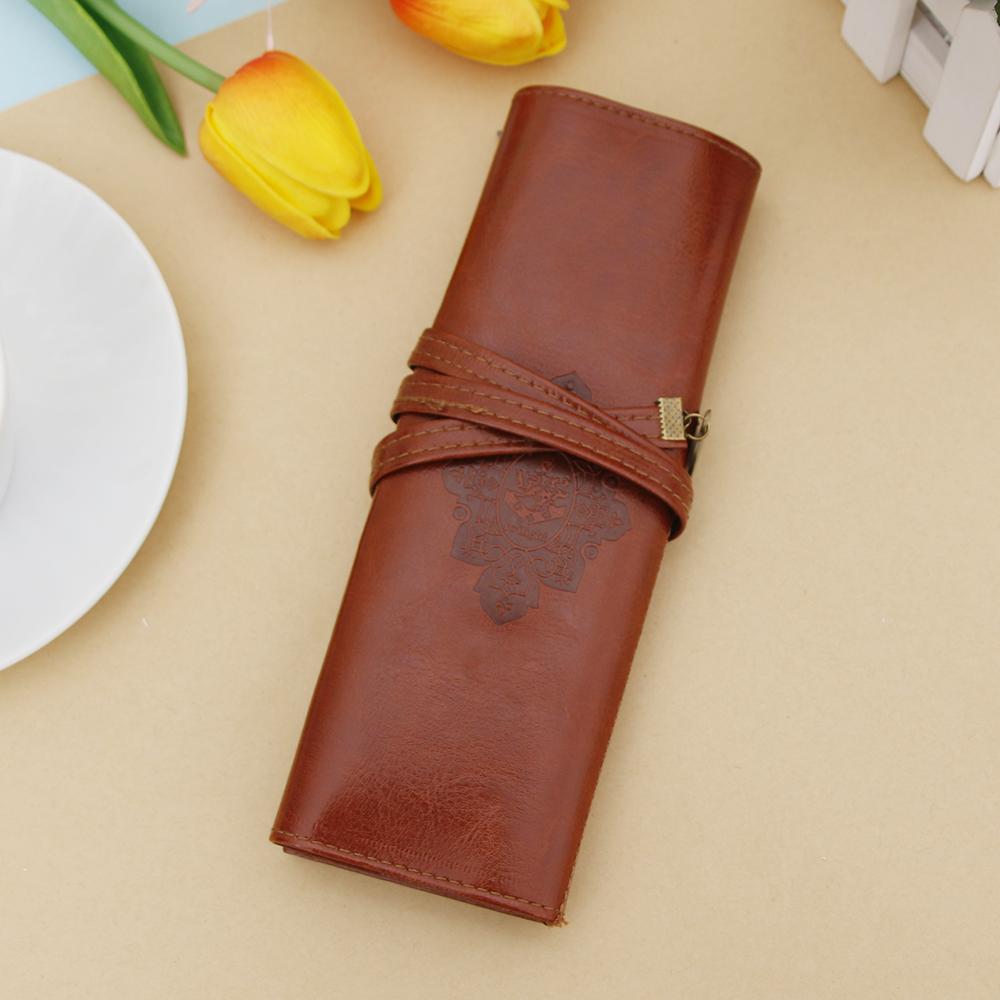 Vintage Roll Up Leather Pencil Case Large Pen Pouch with Embossed Pattern and Tie Closure for Students Artists Office Supplies