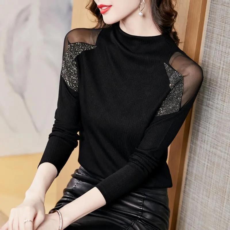 Thin Half-high Collar Black Bottoming Shirt Women's Long-sleeved Spring and Autumn Diamond Mesh Hollow Top