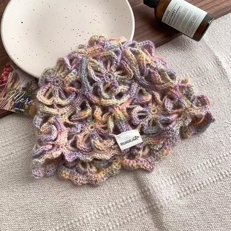 

Rainbow Knitted Beanie Hat With Breathable Openwork For Spring And Summer Wear Pink Purple