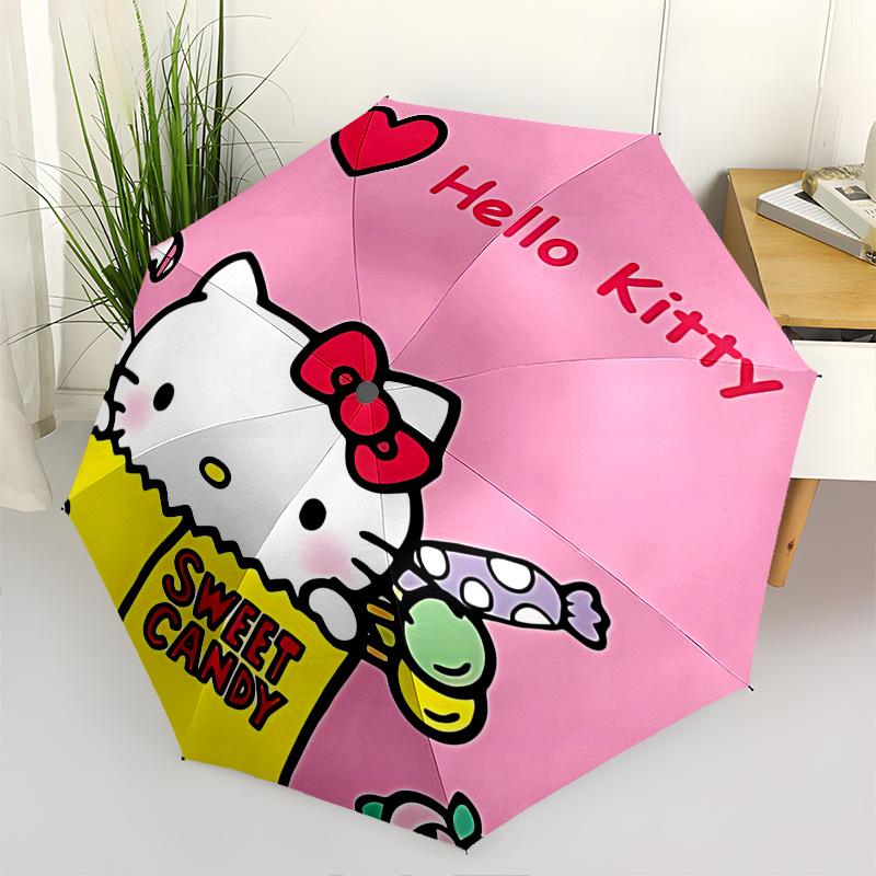 

1pc Hello Kitty Sweet Candy Automatic Folding Umbrella - Portable Three-Fold Design with 8-Bone Iron Frame, Perfect Gift for Fans, Travelers, Everyday