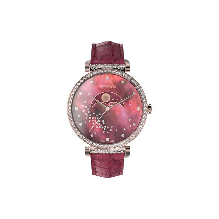 Photos - Wrist Watch Swarovski Series Watch Quartz Movement Leather Strap 36Mm Red Dial Water Resistant 50M Women watches 5613323 Red Strap brown 