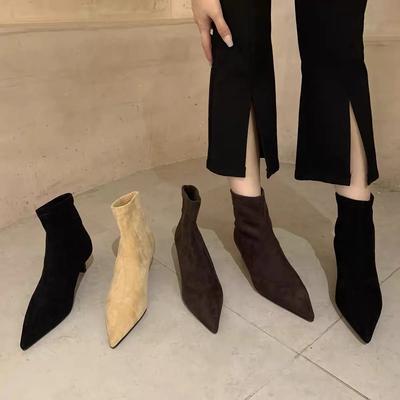 Vintage Stiefeletten Damen Schuhe Mode Spitzschuh Herbst Winter Niedrigen Absatz Damen Elegante Stretch Slim Flock Kurze Stiefel