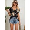 Women's Summer T-shirt Printed V-neck Double Layer Ruffle Sleeve Loose Top T-shirt