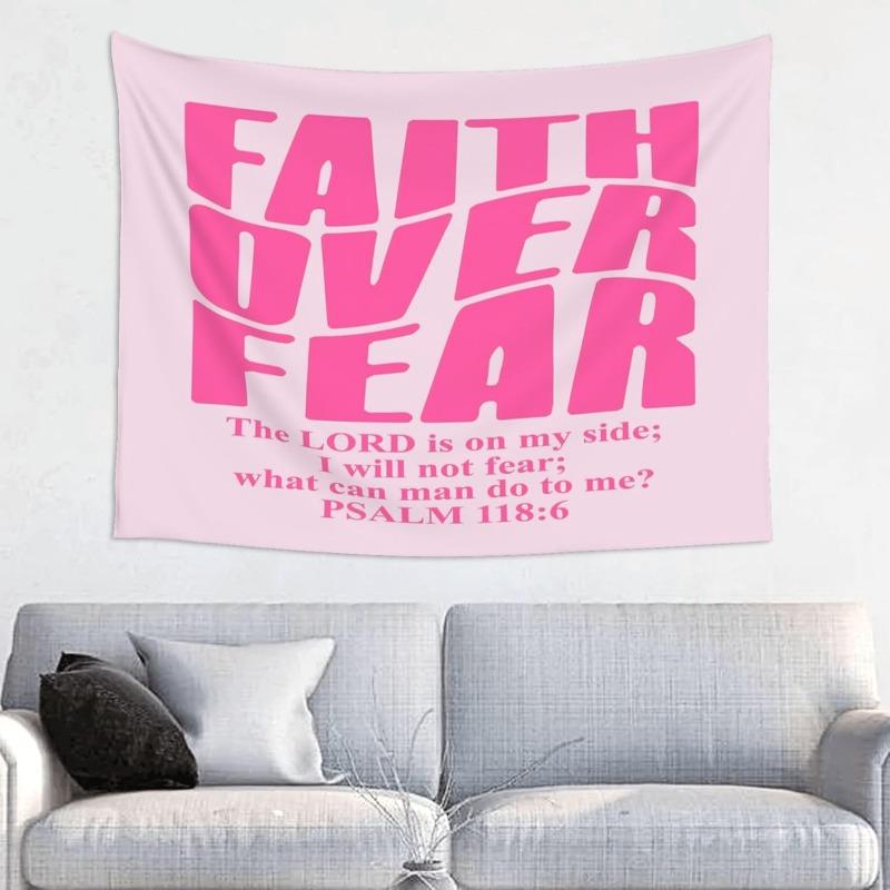 VIKAMA Faith Over Fear Tapestry Pink Christian Quote Design For Inspirational Decor Bedroom Wall Styling and Photo Backdrop