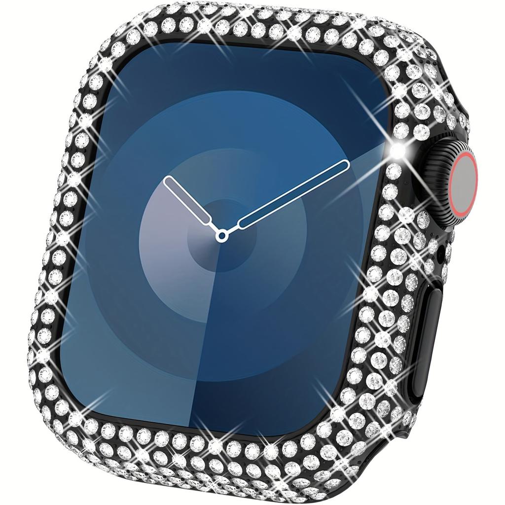 Rhinestone-Encrusted Tempered Glass PC Case for iWatch SE/9-1 Fits 38/40/41/42/44/45mm For Apple Watch Protective Cover