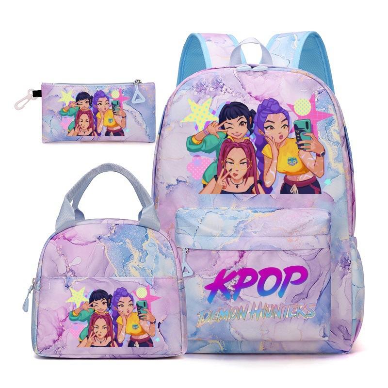 Korean Drama Demon Hunter Backpack Lunch Bag Pencil Case Set Student Three-piece School Bag Pencil Case Lunch Bag