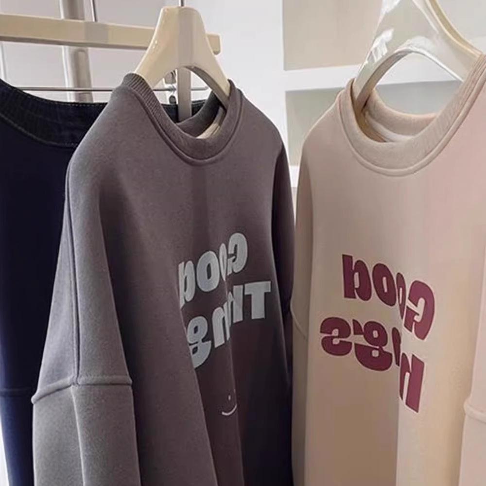 

2025 American Retro Oversized Milk Tea Sweatshirt - Women s Round Neck, Thin for Spring & Autumn XL [recommended for 120-140 pounds]