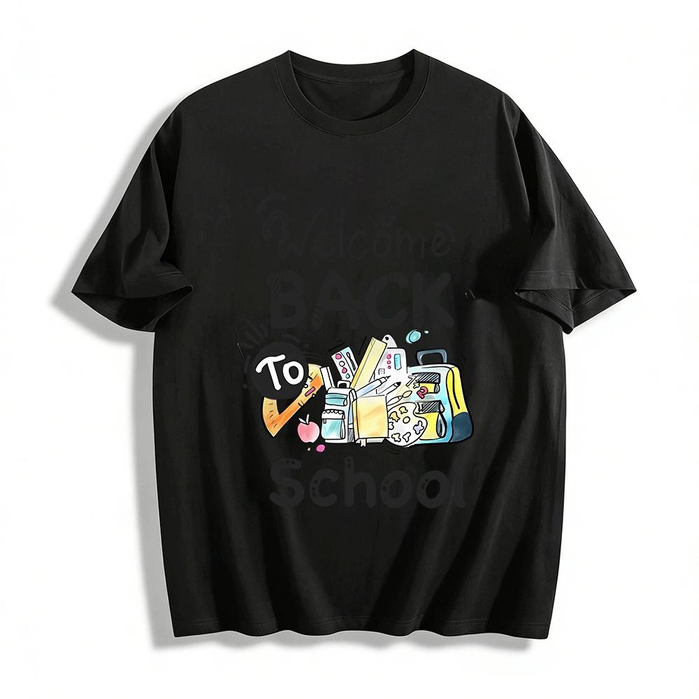 

Welcome Back To School Stationery Print Casual Crewneck Top Pure cotton T-shirt XXS