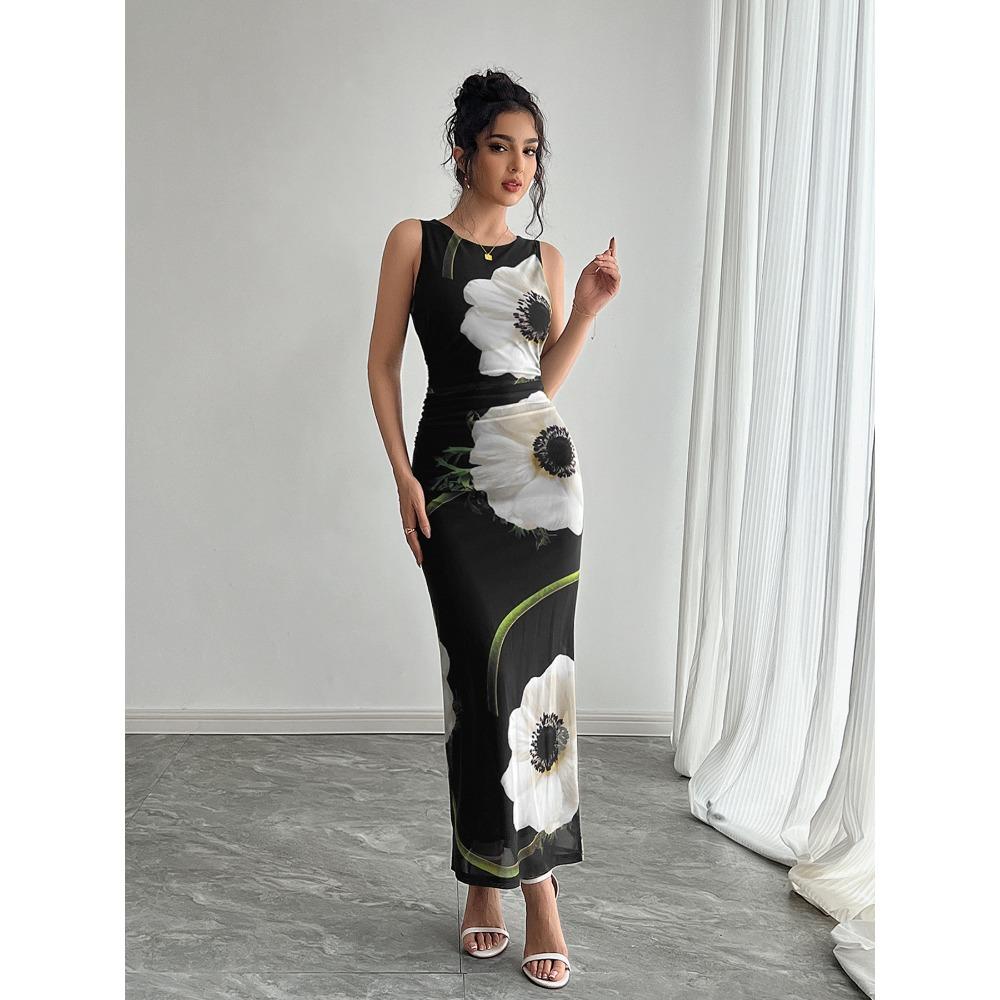 

Весна-лето женские черные сетчатые принтованные длинные платья без рукавов XL чёрный