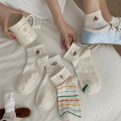 Female Summer Thin Cartoon Embroidered Cute Bear White Dot Yarn Mesh Breathable Short Tube Cotton Socks