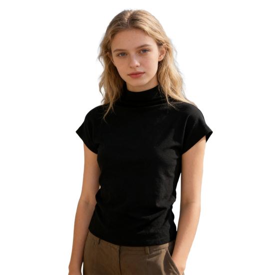 Женская футболка с воротником-стойкой, рукавами летучая мышь, коротким рукавом, боковой сборкой, пуловер, однотонный, свободный крой, повседневная футболка, для ежедневной носки M чёрный