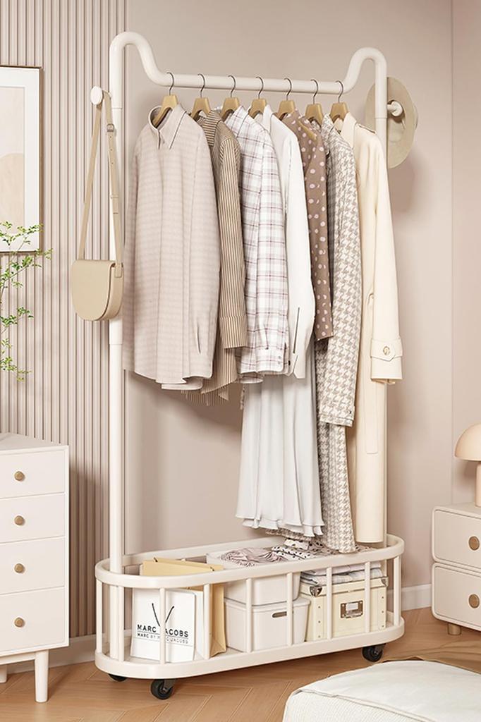 Slim Clothes Rack with Storage, Side Hooks, and Casters. [22mm Diameter Carbon Steel Tube, Sturdy, 50kg Load Capacity] [Easy Assembly] [Will Not Tip O
